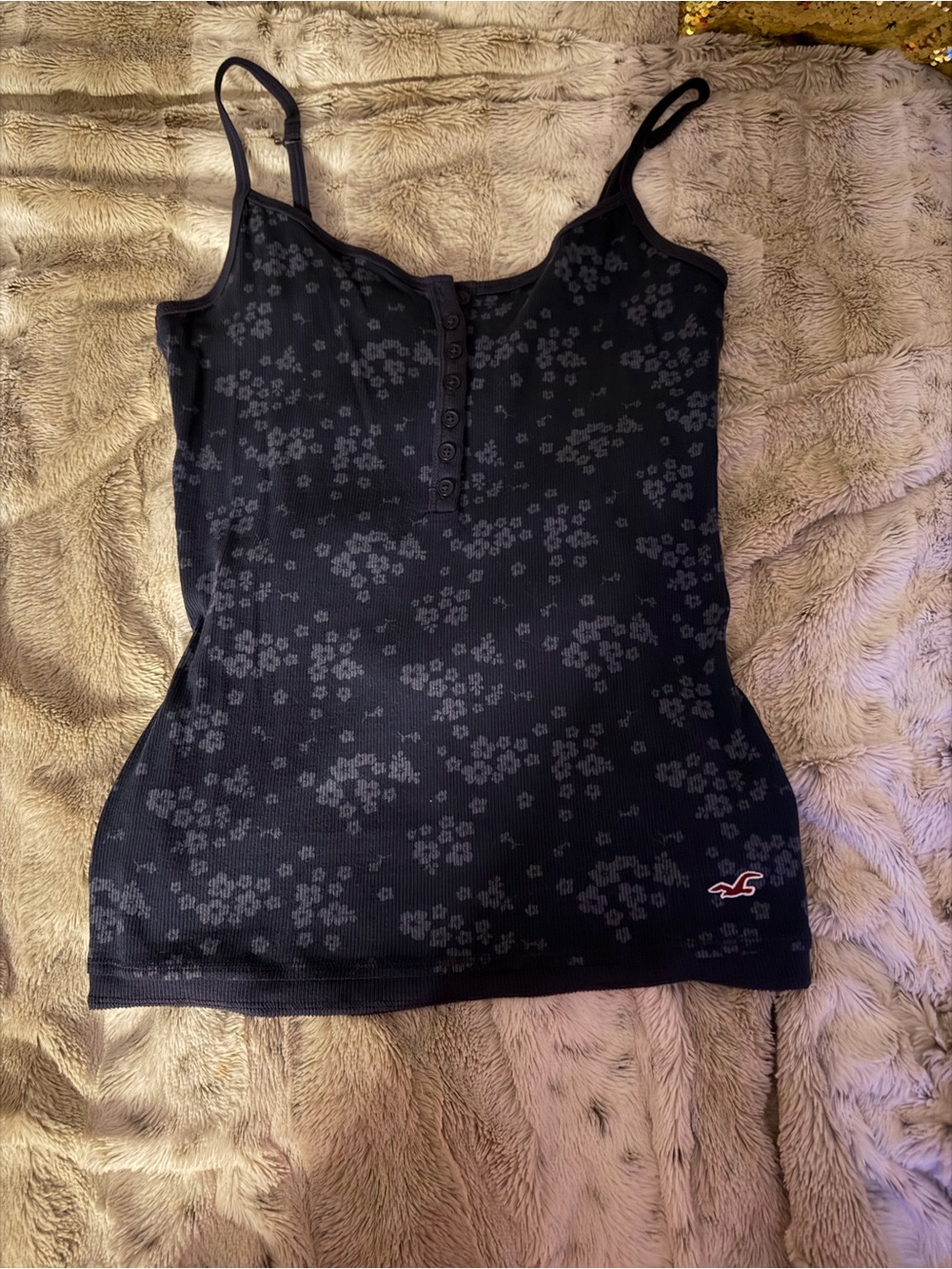 Hollister Black Floral Ribbed Henley Cami Tank Top